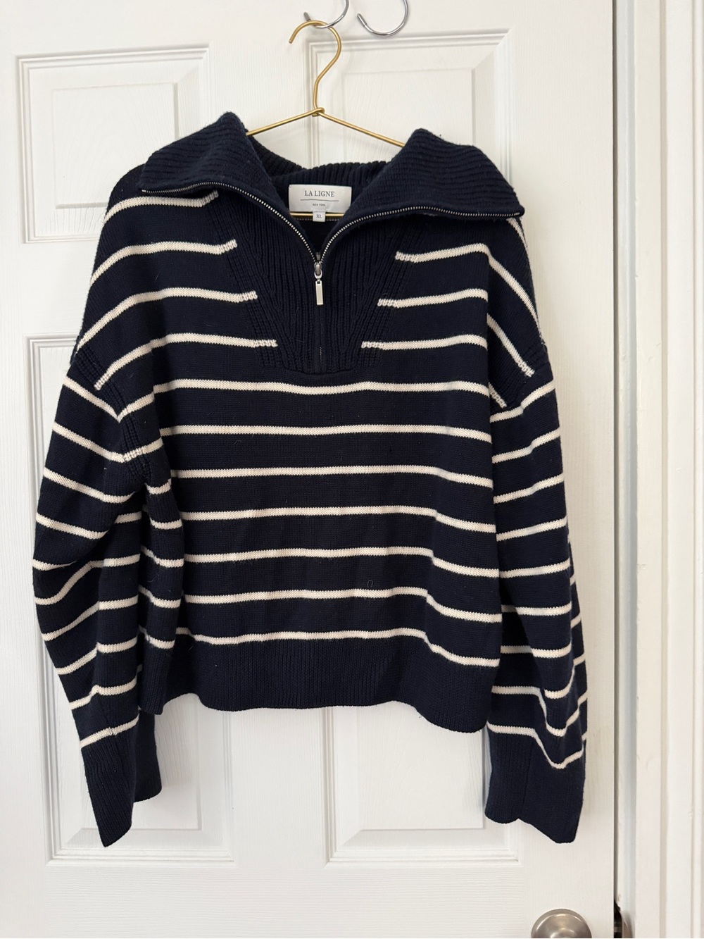 La Ligne Navy and White Striped Zip-Up Knit Sweater